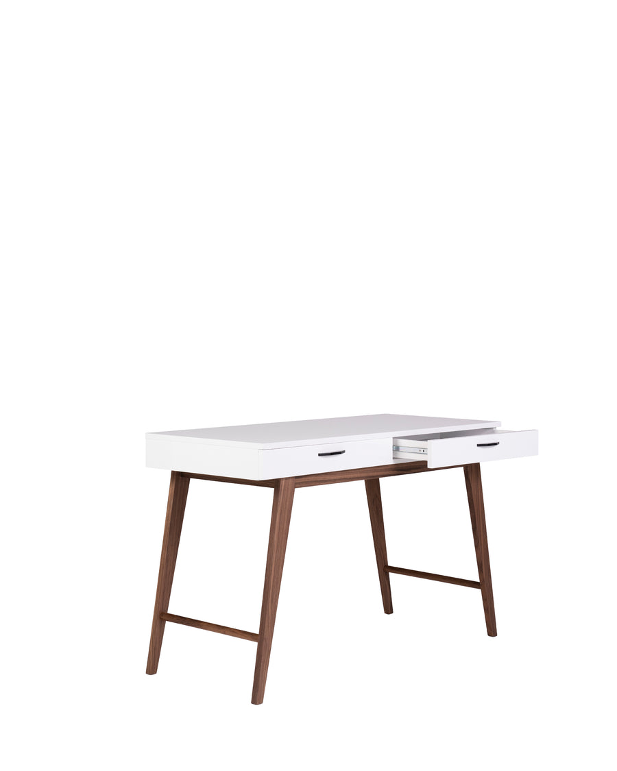 Modern Glossy White Desk | Dahlia | Angle View with Open Drawer | MoblerOnline