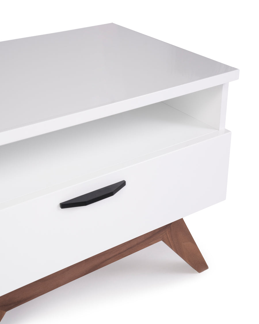 Modern Glossy White Nightstand | Dahlia| Detail Close Up | MoblerOnline