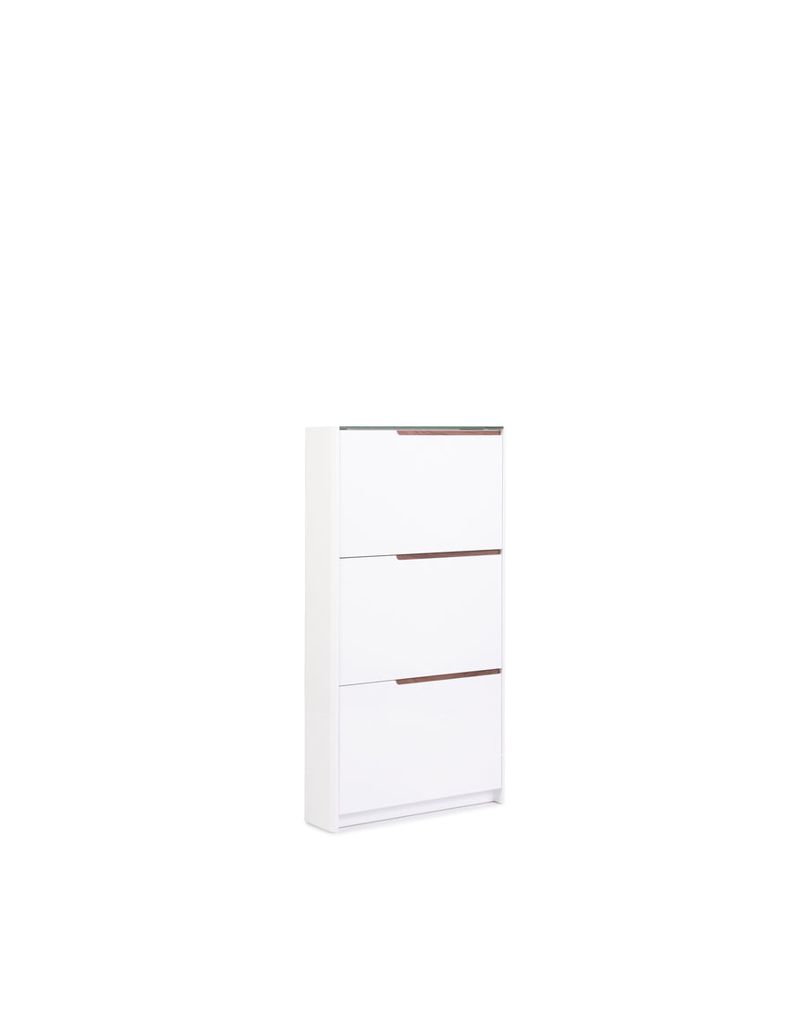White High Gloss Shoe Cabinet With Glass Top | Scarpa | Angle View | MoblerOnline 